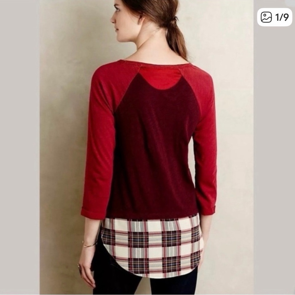 Anthro Little Yellow Button Top Women’s -SZ XS- Red Long Sleeve Plaid Pullover